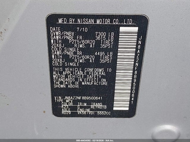 44434392 :رقم المزاد ، JN8AZ2NF8B9500641 vin ، 2011 Infiniti Qx56 مزاد بيع