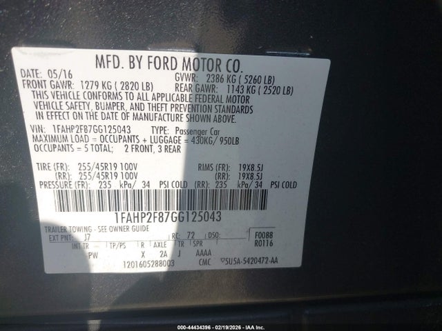 2016 Ford Taurus Limited მანქანა იყიდება აუქციონზე, vin: 1FAHP2F87GG125043, აუქციონის ნომერი: 44434396