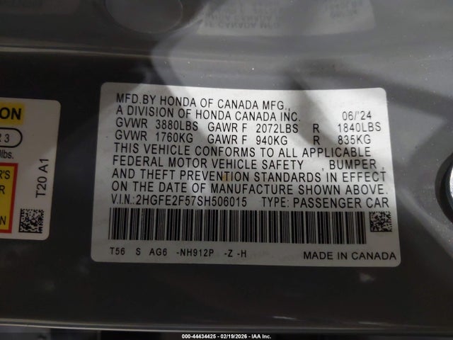 Aukcja sprzedaży 2025 Honda Civic Sport, vin: 2HGFE2F57SH506015, numer aukcji: 44434425