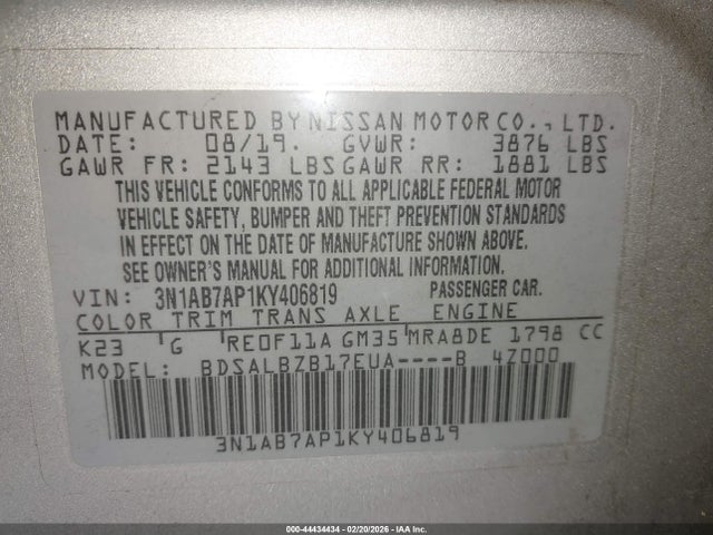 Nissan SENTRA S 2019 3N1AB7AP1KY406819 Image 9