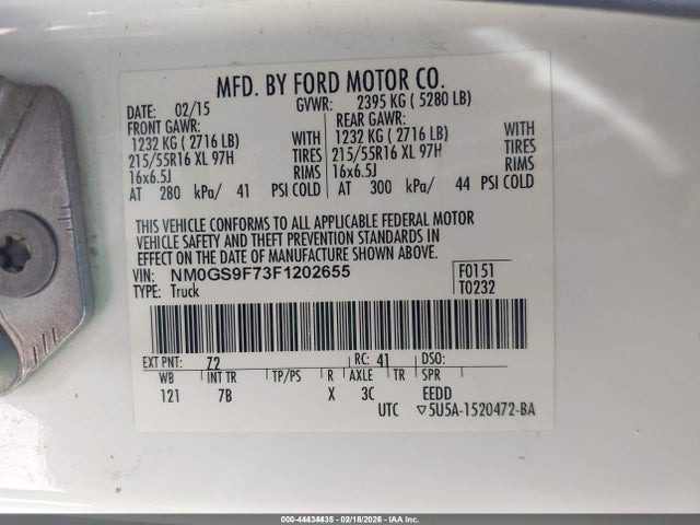44434435 :رقم المزاد ، NM0GS9F73F1202655 vin ، 2015 Ford Transit Connect Xlt مزاد بيع