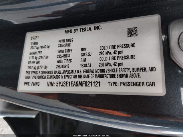 Aukcja sprzedaży 2021 Tesla Model 3 Standard Range Plus Rear-wheel Drive, vin: 5YJ3E1EA9MF021121, numer aukcji: 44434436