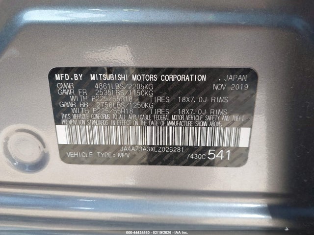 44434460 :رقم المزاد ، JA4AZ3A3XLZ026281 vin ، 2020 Mitsubishi Outlander Es 2.4 S-awc/le 2.4 S-awc/se 2.4 S-awc/sel 2.4 S-awc/sp 2.4 S-awc مزاد بيع
