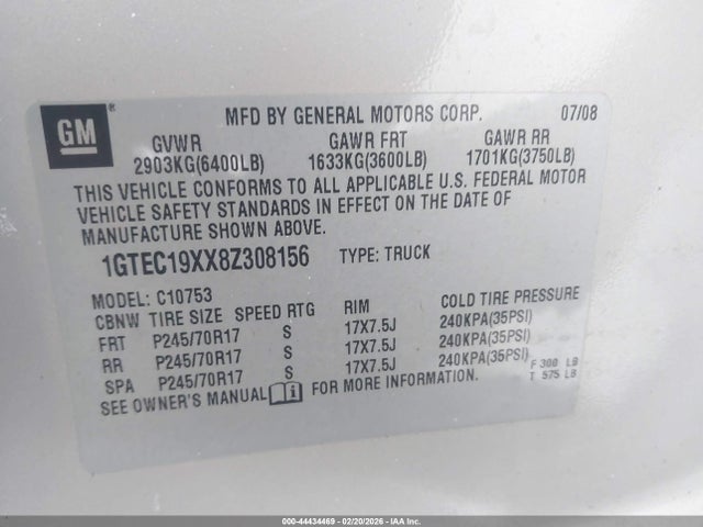 44434469 :رقم المزاد ، 1GTEC19XX8Z308156 vin ، 2008 Gmc Sierra 1500 Work Truck مزاد بيع