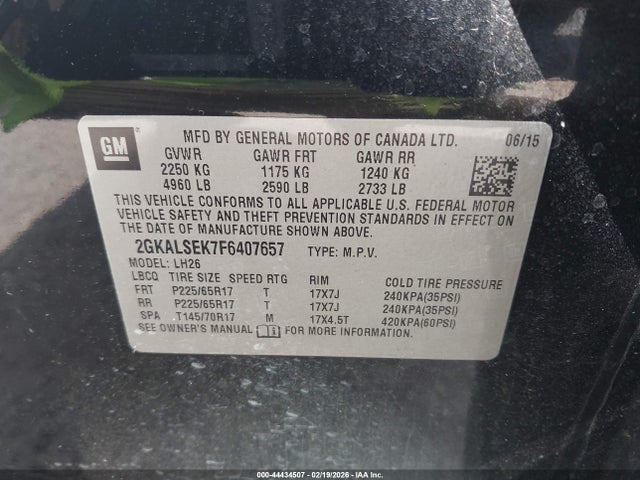 Aukcja sprzedaży 2015 Gmc Terrain Slt-1, vin: 2GKALSEK7F6407657, numer aukcji: 44434507