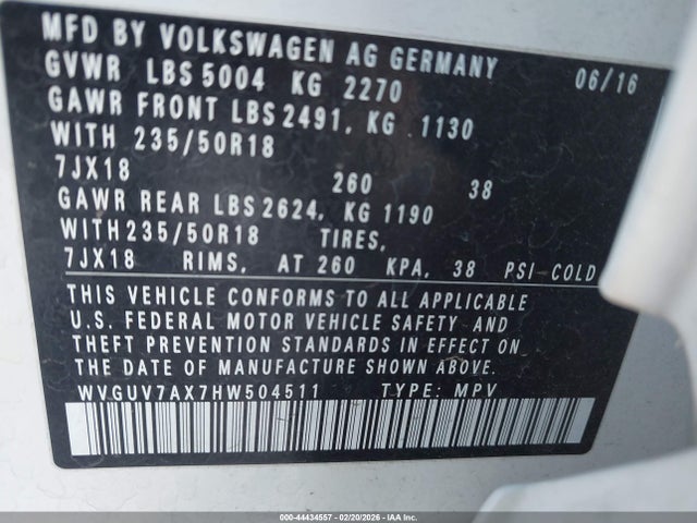 WVGUV7AX7HW504511 Volkswagen Tiguan 2.0t Sport