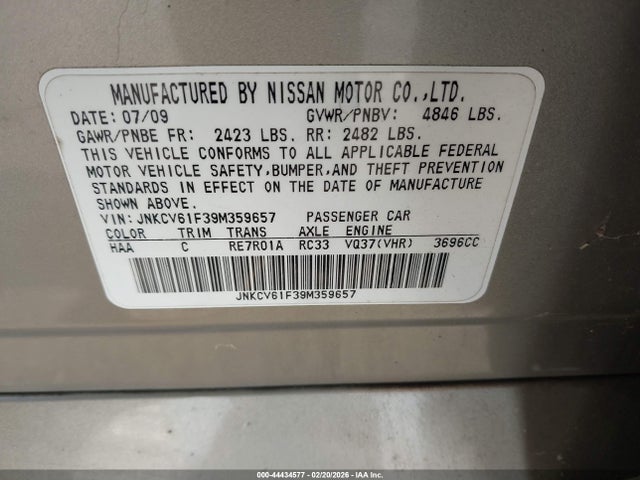 2009 Infiniti G37x მანქანა იყიდება აუქციონზე, vin: JNKCV61F39M359657, აუქციონის ნომერი: 44434577
