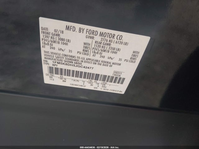 Продаж на аукціоні авто 2018 Ford Explorer Xlt, vin: 1FM5K8DH5JGC42477, номер лоту: 44434636