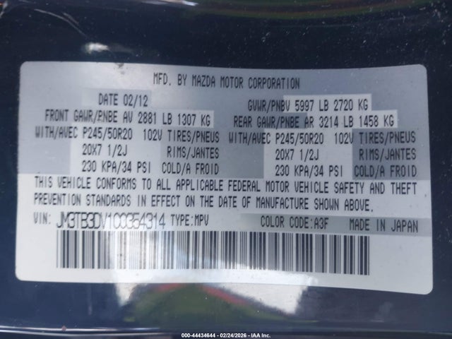 44434644 :رقم المزاد ، JM3TB3DV1C0354314 vin ، 2012 Mazda Cx-9 Grand Touring مزاد بيع
