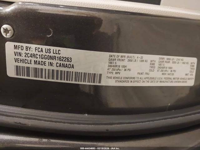 2022 Chrysler Pacifica Limited მანქანა იყიდება აუქციონზე, vin: 2C4RC1GG0NR162263, აუქციონის ნომერი: 44434693