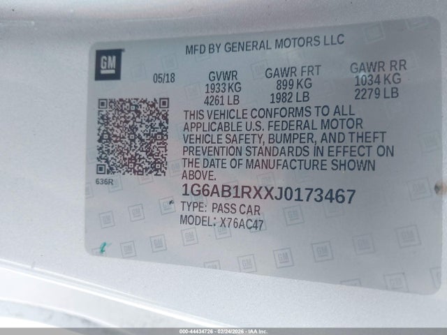 44434726 :رقم المزاد ، 1G6AB1RXXJ0173467 vin ، 2018 Cadillac Ats Luxury مزاد بيع