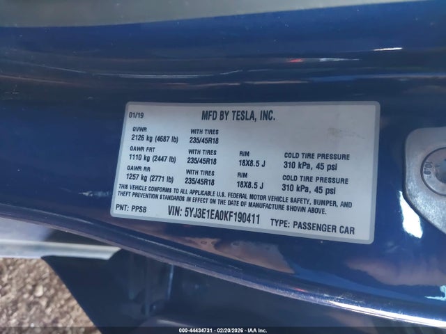 Aukcja sprzedaży 2019 Tesla Model 3, vin: 5YJ3E1EA0KF190411, numer aukcji: 44434731