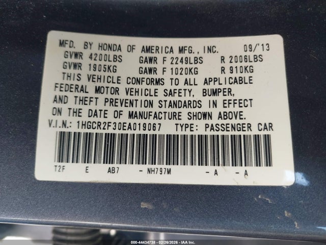 Honda ACCORD LX 2014 1HGCR2F30EA019067 Image 9