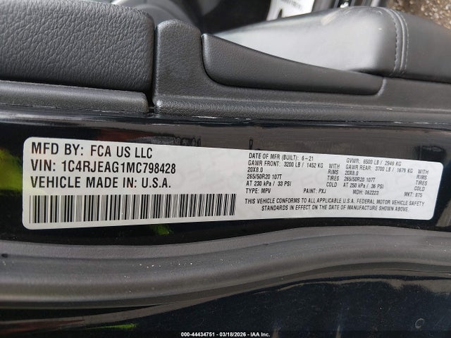 44434751 :رقم المزاد ، 1C4RJEAG1MC798428 vin ، 2021 Jeep Grand Cherokee Laredo X 4x2 مزاد بيع