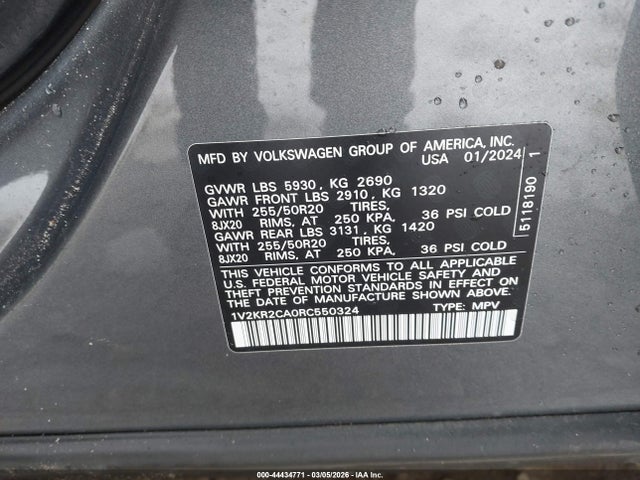 Продаж на аукціоні авто 2024 Volkswagen Atlas 2.0t Se W/technology, vin: 1V2KR2CA0RC550324, номер лоту: 44434771