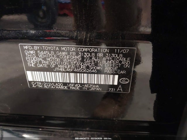 Aukcja sprzedaży 2008 Lexus Ls 460, vin: JTHBL46F485062646, numer aukcji: 44434772