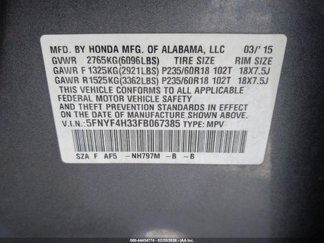 Honda PILOT SE 2015 5FNYF4H33FB067385 Image 9