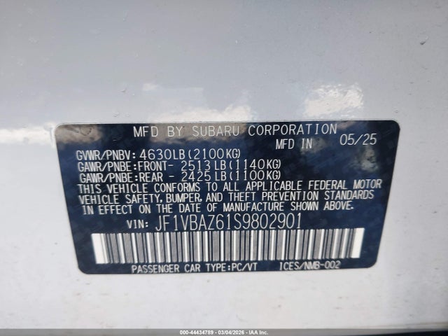 44434789 :رقم المزاد ، JF1VBAZ61S9802901 vin ، 2025 Subaru Wrx Ts مزاد بيع