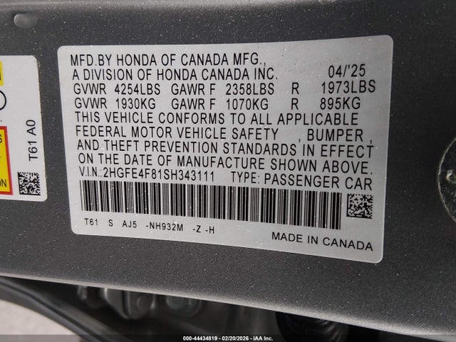 44434819 :رقم المزاد ، 2HGFE4F81SH343111 vin ، 2025 Honda Civic Hybrid Sport/sport Touring مزاد بيع