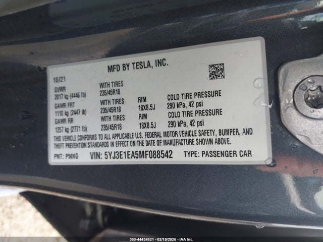 Продаж на аукціоні авто 2021 Tesla Model 3 Standard Range Plus Rear-wheel Drive, vin: 5YJ3E1EA5MF088542, номер лоту: 44434821