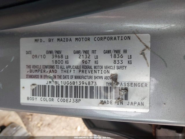 2011 Mazda Mazda3 I Sport მანქანა იყიდება აუქციონზე, vin: JM1BL1UG6B1394873, აუქციონის ნომერი: 44434873