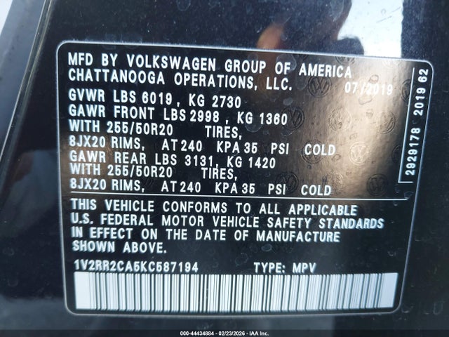 2019 VOLKSWAGEN ATLAS 1V2RR2CA5KC587194 Photo 8