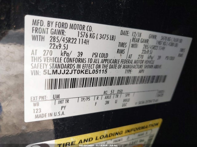 Продажа на аукционе авто 2019 Lincoln Navigator Select, vin: 5LMJJ2JT0KEL05115, номер лота: 44434885