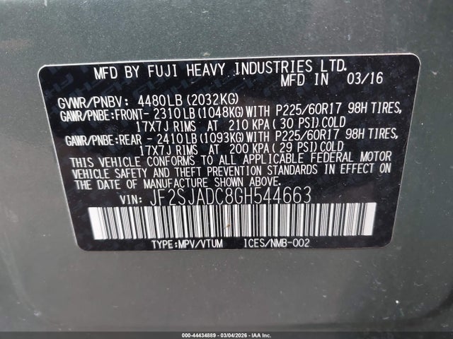 44434889 :رقم المزاد ، JF2SJADC8GH544663 vin ، 2016 Subaru Forester 2.5i Premium مزاد بيع