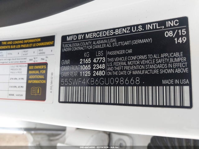 44434898 :رقم المزاد ، 55SWF4KB6GU098668 vin ، 2016 Mercedes-benz C 300 4matic مزاد بيع