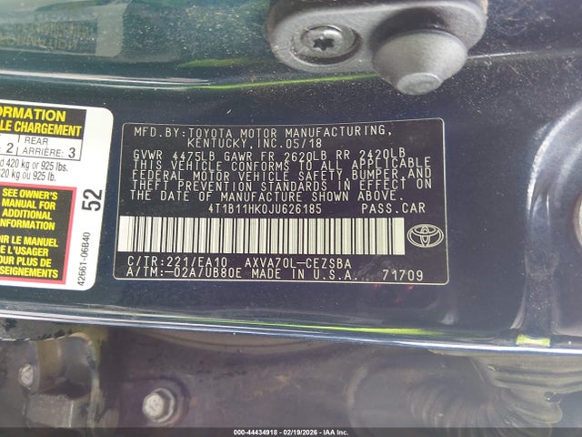 4T1B11HK0JU626185 Toyota CAMRY SE