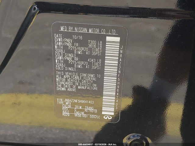 Продаж на аукціоні авто 2017 Infiniti Qx80, vin: JN8AZ2NF5H9641403, номер лоту: 44434937