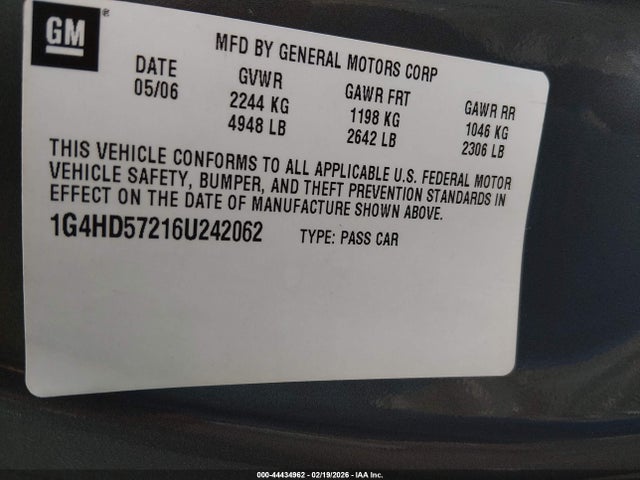 Продаж на аукціоні авто 2006 Buick Lucerne Cxl, vin: 1G4HD57216U242062, номер лоту: 44434962