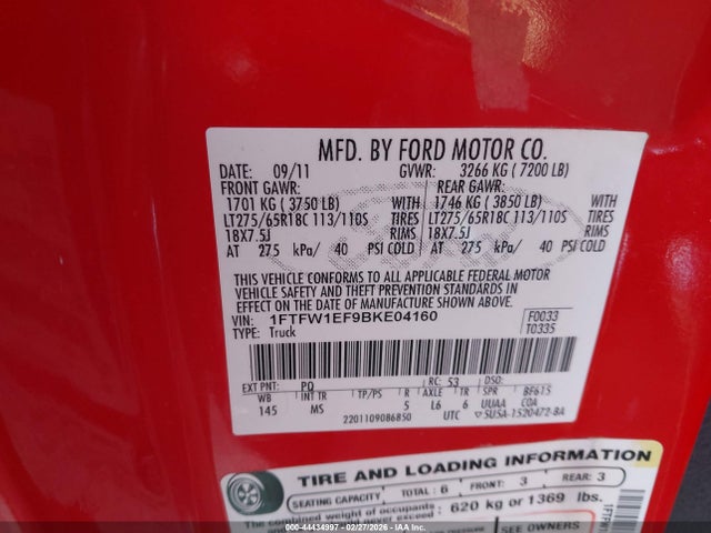 Продаж на аукціоні авто 2011 Ford F-150 Xlt, vin: 1FTFW1EF9BKE04160, номер лоту: 44434997