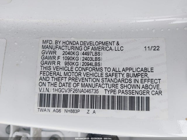 1HGCV3F26NA046735 Honda Accord Hybrid Sport