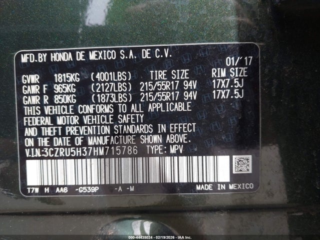 3CZRU5H37HM715786 Honda HR-V LX