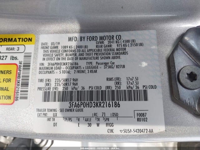 44435033 :رقم المزاد ، 3FA6P0HD3KR216186 vin ، 2019 Ford Fusion Se مزاد بيع