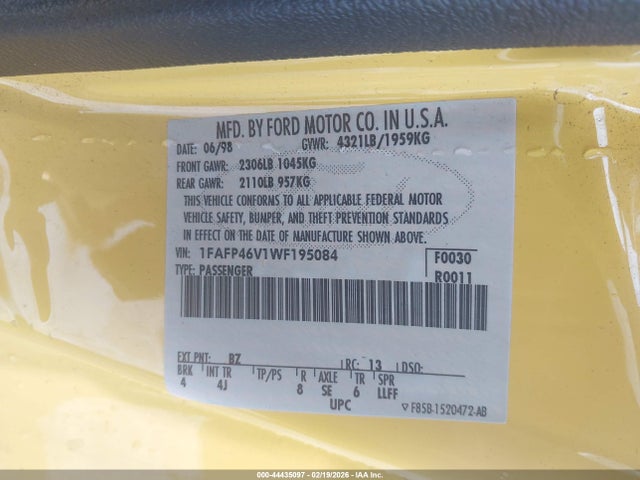 Продажа на аукционе авто 1998 Ford Mustang Svt Cobra, vin: 1FAFP46V1WF195084, номер лота: 44435097