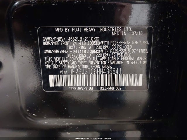 44435121 :رقم المزاد ، JF2SJGTC6HH436841 vin ، 2017 Subaru Forester 2.0xt Touring مزاد بيع