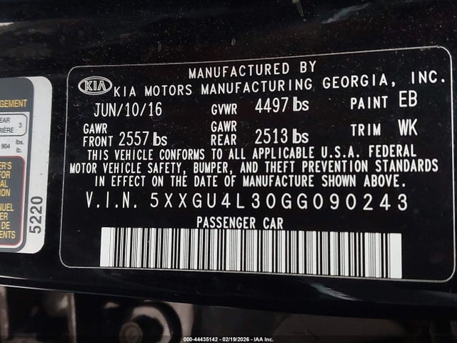 5XXGU4L30GG090243 KIA OPTIMA EX
