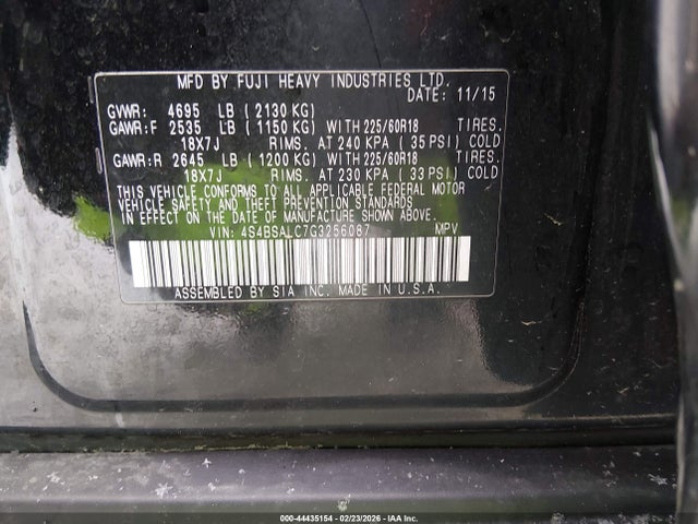 2016 Subaru Outback 2.5i Limited მანქანა იყიდება აუქციონზე, vin: 4S4BSALC7G3256087, აუქციონის ნომერი: 44435154