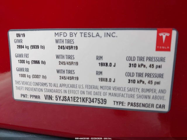 2019 TESLA MODEL S 5YJSA1E21KF347539 Photo 8