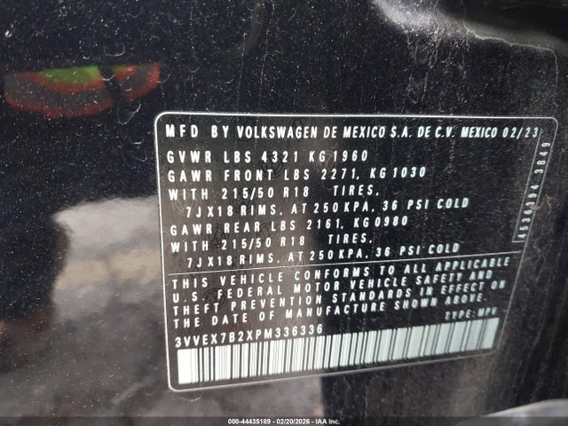 Продаж на аукціоні авто 2023 Volkswagen Taos 1.5t Se, vin: 3VVEX7B2XPM336336, номер лоту: 44435189