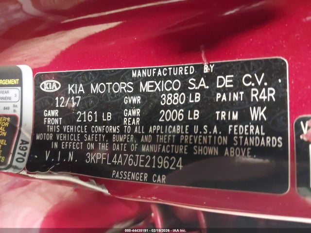 Продажа на аукционе авто 2018 Kia Forte S, vin: 3KPFL4A76JE219624, номер лота: 44435191