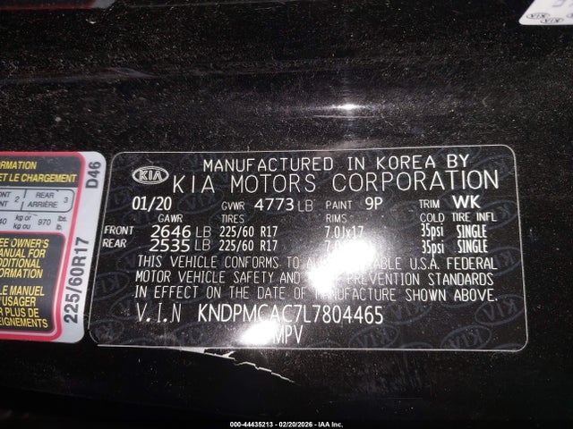 44435213 :رقم المزاد ، KNDPMCAC7L7804465 vin ، 2020 Kia Sportage Lx مزاد بيع