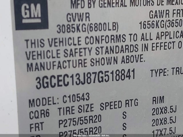 44435281 :رقم المزاد ، 3GCEC13J87G518841 vin ، 2007 Chevrolet Silverado 1500 Lt1 مزاد بيع