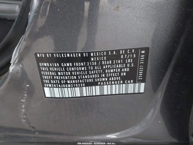 Aukcja sprzedaży 2016 Volkswagen Jetta 1.4t S, vin: 3VW267AJ8GM210230, numer aukcji: 44435303