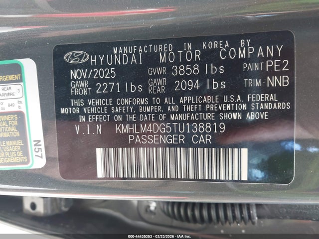 2026 Hyundai Elantra Sel Sport მანქანა იყიდება აუქციონზე, vin: KMHLM4DG5TU138819, აუქციონის ნომერი: 44435353