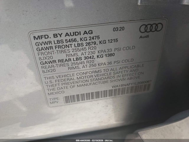 Продаж на аукціоні авто 2020 Audi Q5 Premium Plus 45 Tfsi Quattro S Tronic, vin: WA1BNAFY1L2080067, номер лоту: 44435380