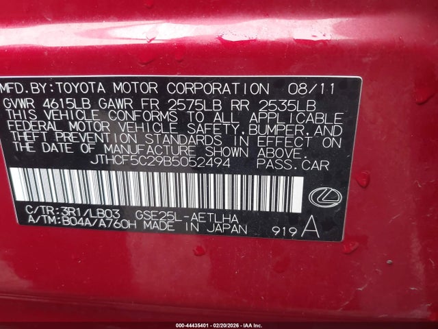 Aukcja sprzedaży 2011 Lexus Is 250, vin: JTHCF5C29B5052494, numer aukcji: 44435401