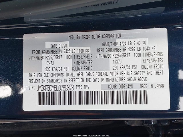 44435448 :رقم المزاد ، JM3KFBCM6L0789378 vin ، 2020 Mazda Cx-5 Touring مزاد بيع
